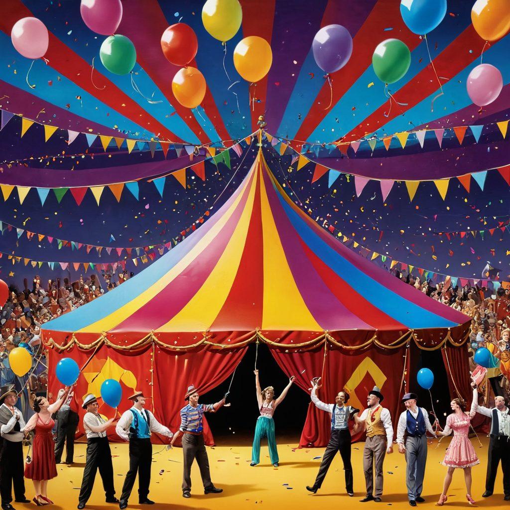A vibrant and whimsical scene depicting adult entertainers in a playful circus setting, showcasing a colorful big top tent, performers in eccentric costumes, juggling props, and laughing audiences. The atmosphere is filled with confetti and balloons, embodying joy and amusement. Bright, bold colors enhance the entertainment theme, with a slight touch of fantasy. super-realistic. vibrant colors. 3D.