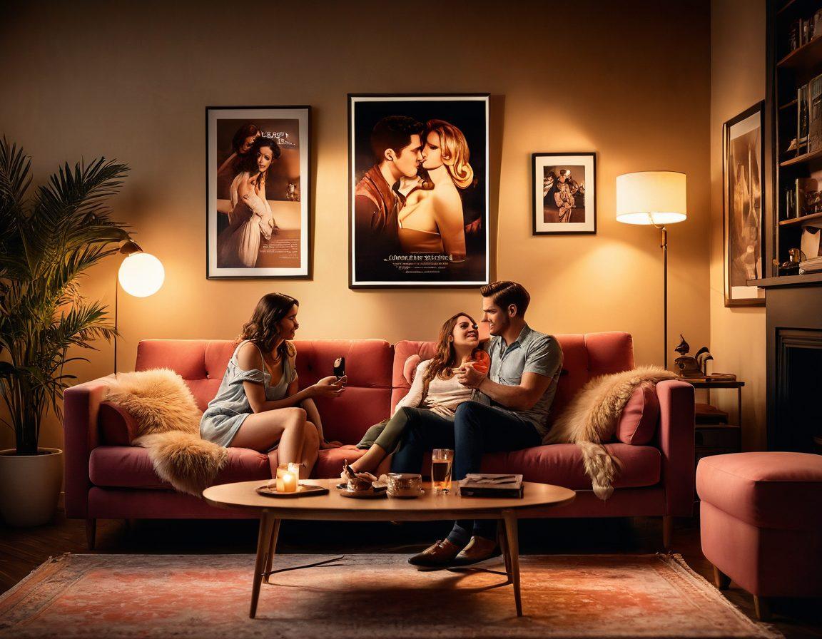 An intimate, warm-toned atmosphere showcasing a couple sharing a playful moment in a cozy living room, surrounded by soft lighting and sensual decor. Include elements of adult film star glamour, such as vintage cinema posters and plush furniture, evoking a sense of cheer and intimacy. The scene should have a light-hearted yet seductive vibe, emphasizing connection and joy. super-realistic. soft colors. warm lighting.