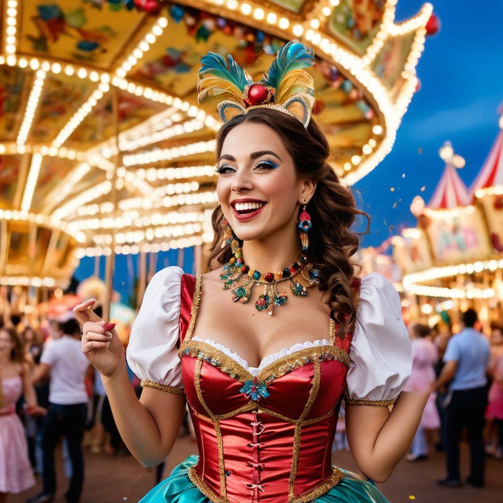An enchanting scene showcasing a vibrant and colorful carnival atmosphere filled with joyful adult entertainers, laughing and engaging with happy crowds. Emphasize playful costumes, diverse performers, and a sense of celebration, with confetti in the air and bright lights illuminating the scene. Capture a variety of expressions of joy and excitement. Include elements like a whimsical carousel and balloons to enhance the festive feel. vibrant colors. 3D. glossy finish.